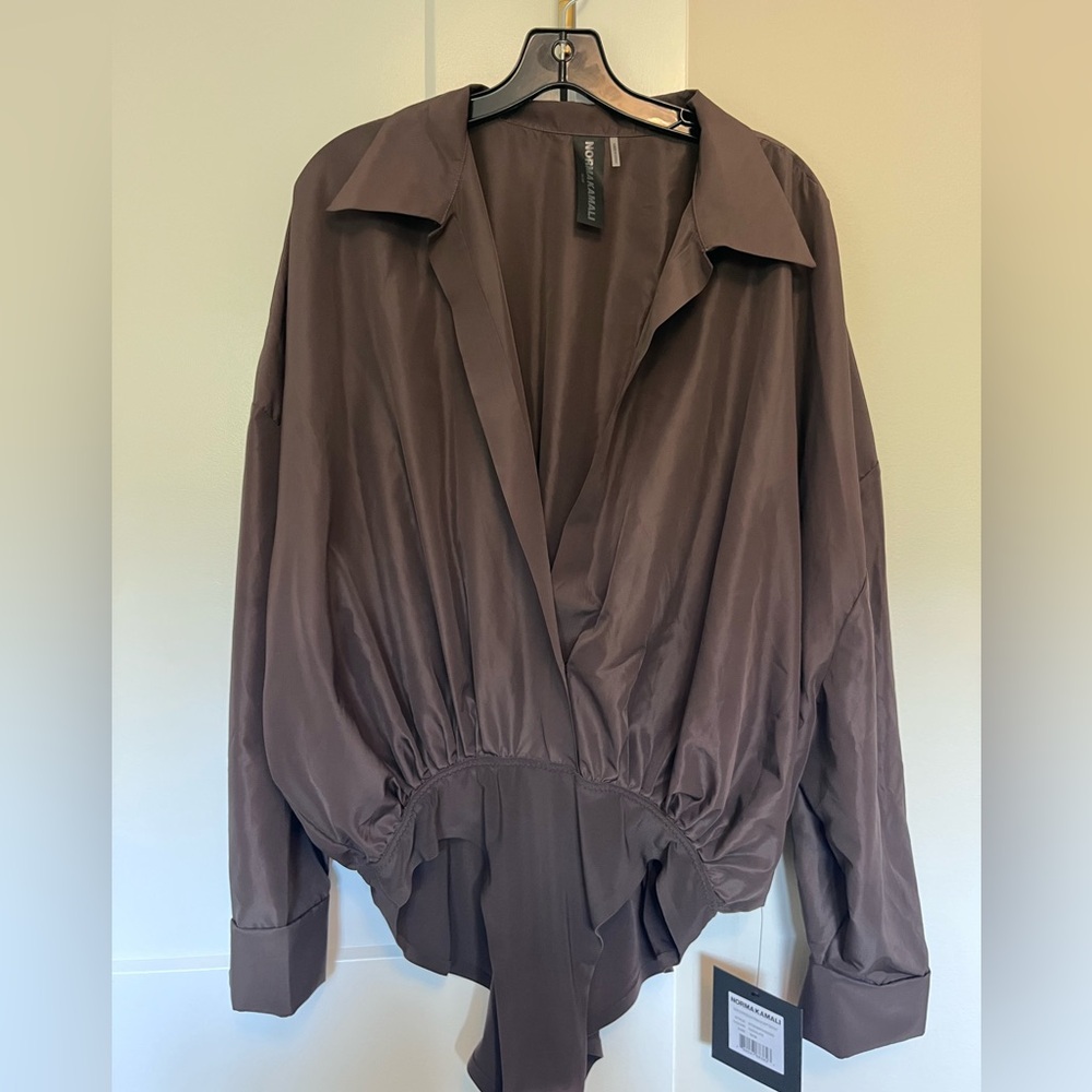 Norma Kamali Deep V Balloon Sleeve Blouse in Chocolate Brown - Picture 12 of 15